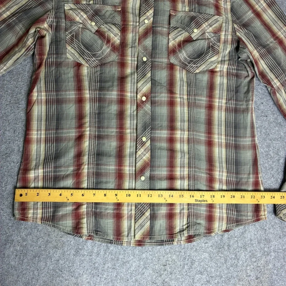 True Religion Mens Plaid Western Pearl Snap Shirt Red Tan Horseshoe Pocket XXL
